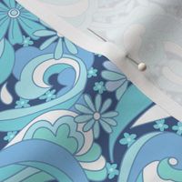 Small Scale. 'Retro Dream'.Navy, Blue, Turquoise, White.  Summer. Coastal. Boho Chic. Dress Fabric, sarong.