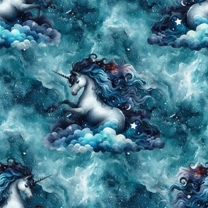 THE MAGNIFICIENT UNICORN ON NIGHT TEAL SKY FLWRHT