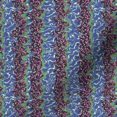 6” repeat Painterly marbled blue nova vertical stripes with cyclamen pink, deep purple and kelly green