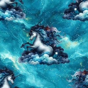 THE MAGNIFICIENT UNICORN ON NIGHT TURQUOISE GOLD SKY FLWRHT