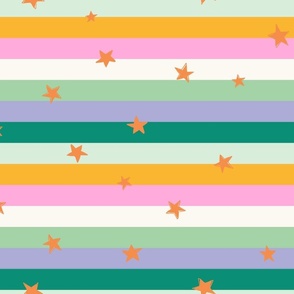 orange stars on retro rainbow stripes – stars on rainbow lines – retro design – roller disco