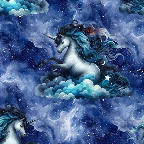 LARGE OR  PANEL THE MAGNIFICIENT UNICORN ON NIGHT BLUE SKY FLWRHT
