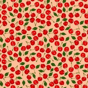 Peach fuzz background red juicy hand-drawn cherries