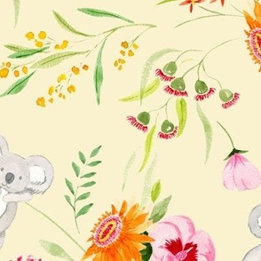 Large Hand Painted Watercolor Whimsical Cuddly Miniature Koalas with Australian Flowers and Plants with Pastel Yellow Dulux Lean Lemon Background