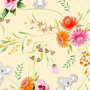 Medium Hand Painted Watercolor Whimsical Cuddly Miniature Koalas with Australian Flowers and Plants with Pastel Yellow Dulux Lean Lemon Background