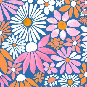 Cheerful Daisy Design - Cobalt, Blush and Orange - Large Scale