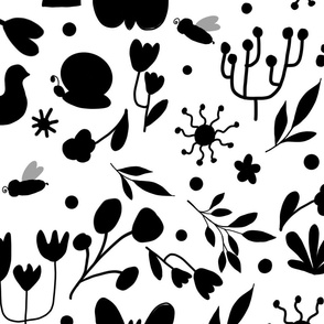 Flowers, twigs, leaves, butterflies, natural, black elements on a white background