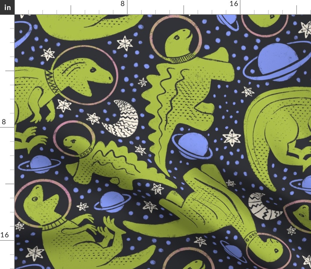 SPACE DINOS | JUMBO | with planets, moons and stars - green on dark blue background