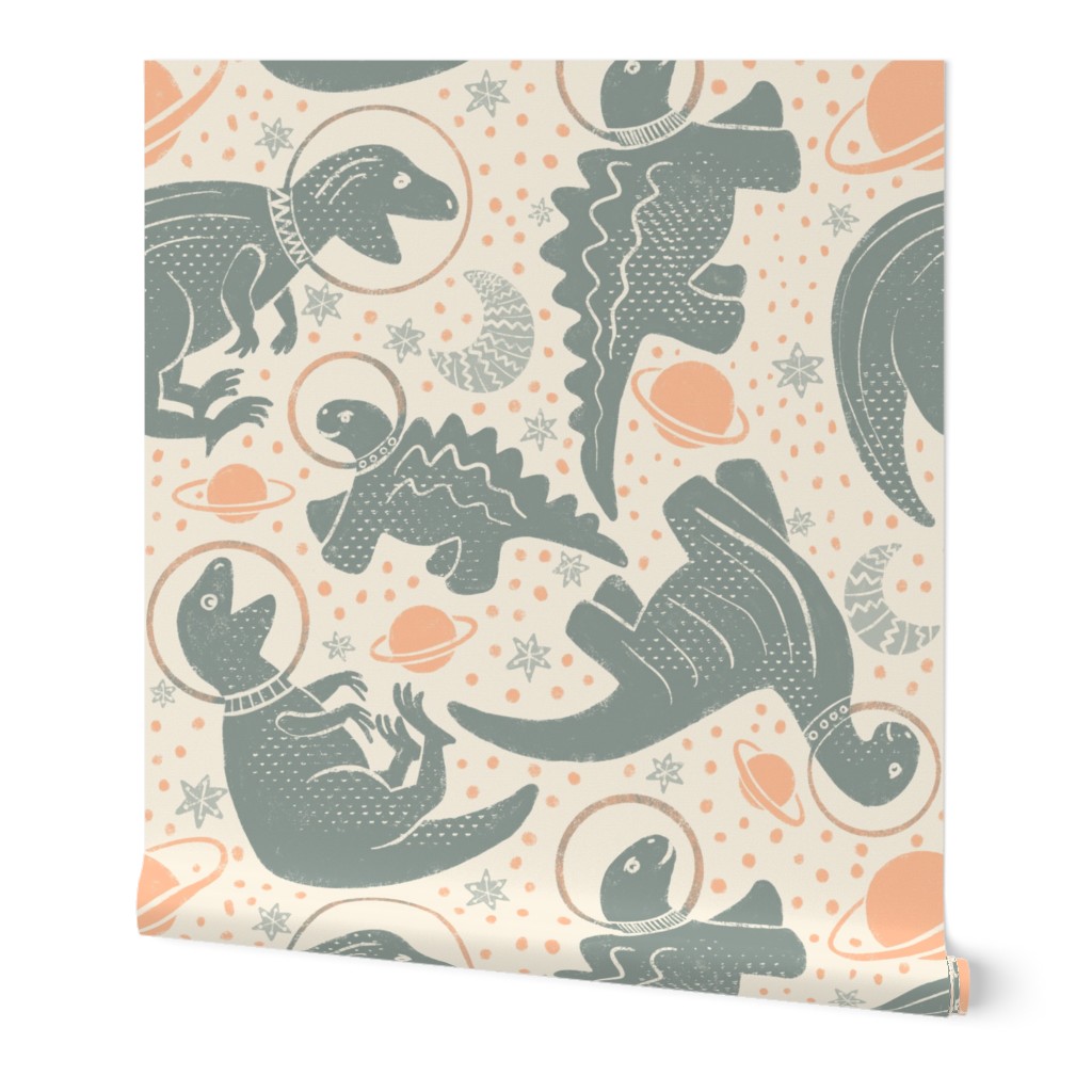 SPACE DINOS | JUMBO | with planets, moons and stars - sage green on off white