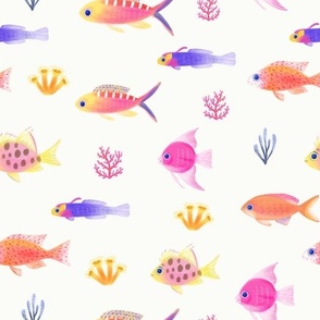 LARGE Directional Colorful Painterly Coral Reef Fish in bright pink, orange, purple, yellow colors on a light white background