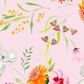 Large Hand Painted Watercolor Whimsical Cuddly Miniature Koalas with Australian Flowers and Plants with Dulux Billet-Doux Pastel Pink Background 