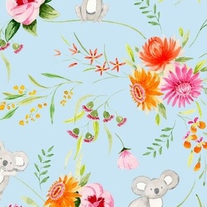 Medium Hand Painted Watercolor Whimsical Cuddly Miniature Koalas with Australian Flowers and Plants with Dulux Answers Pastel Blue Background 