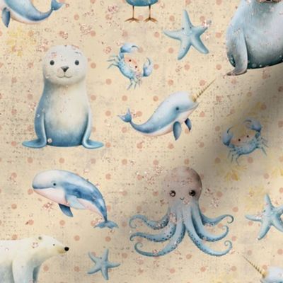 Arctic life with our little friends, cute animals winter snow cold whale seal starfish seagull narwhal or unicorn of the sea whale dolphin