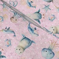 Girly pink arctic life with our little cute friends, whale seagull starfish jellyfish narwhal unicorn of the sea ocean snow winter cold