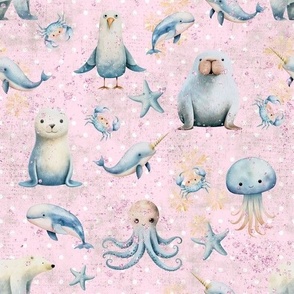 Girly pink arctic life with our little cute friends, whale seagull starfish jellyfish narwhal unicorn of the sea ocean snow winter cold