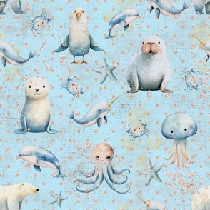 Arctic cute little baby animals with bronze polka dots on blue, glitter and texture dressed 