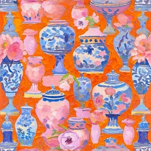 Chinoiserie jars on orange background watercolor