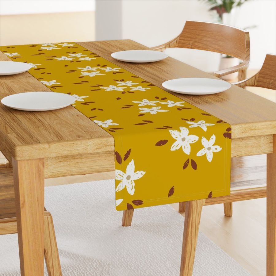 JUMBO Hand Drawn Ditsy Floral in Mustard Yellow, White and Dark Brown