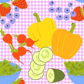 Colorful Summer Garden Salad Red Strawberry Fruit And Vegetables Pastel Pink Polka Dot Tablecloth Retro Modern Scandi Design