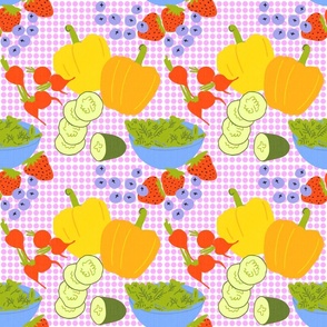 Colorful Summer Garden Salad Mini Red Strawberry Fruit And Vegetables Pastel PinkPolka Dot Tablecloth Retro Modern Scandi Design