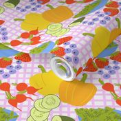 Colorful Summer Garden Salad Mini Red Strawberry Fruit And Vegetables Pink Plaid Tablecloth Retro Modern Scandi Design