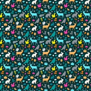 Colorful woodland animals on midnight green | tiny