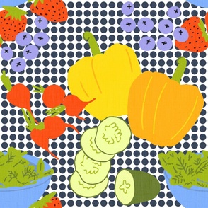 Colorful Big Summer Garden Salad Mini Red Strawberry Fruit And Vegetables Navy Blue Polka Dot Tablecloth Retro Modern Scandi Design