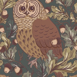 Oak and owl arts and crafts pattern in muted green on green background