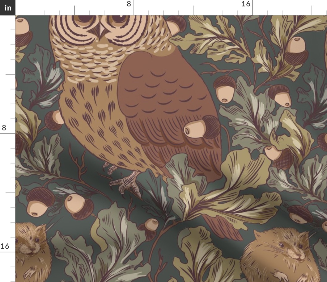 Oak and owl arts and crafts pattern in muted green on green background