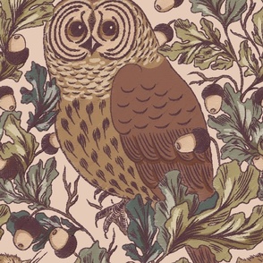 Oak and owl arts and crafts pattern in muted green on a cream background