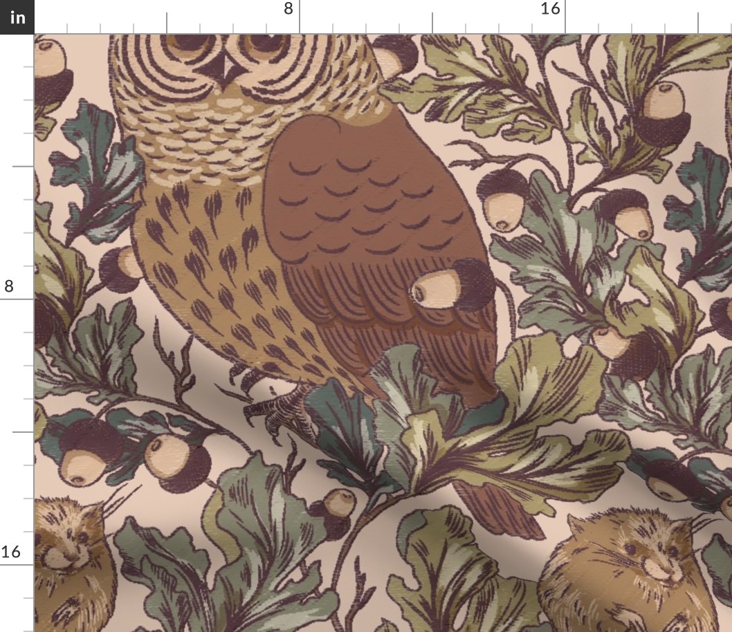 Oak and owl arts and crafts pattern in muted green on a cream background