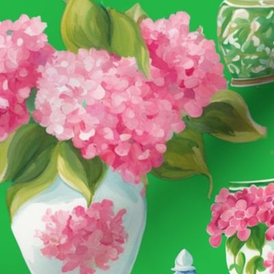 Preppy pink hydrangea and chinoiserie jars on emerald green