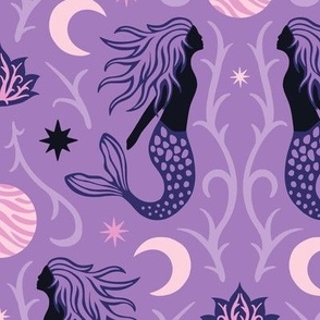Celestial mermaids in moonlight - purple - medium scale
