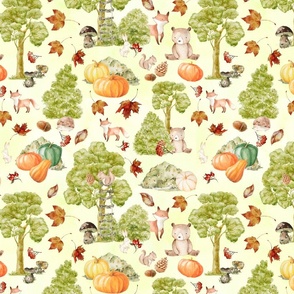 12" Woodland Animals - Baby Animal in Autumn Forest With Pumpkins neutral light green background Nursery Fabric,   Baby Girl, Kids Room, Decor, Wallpaper 