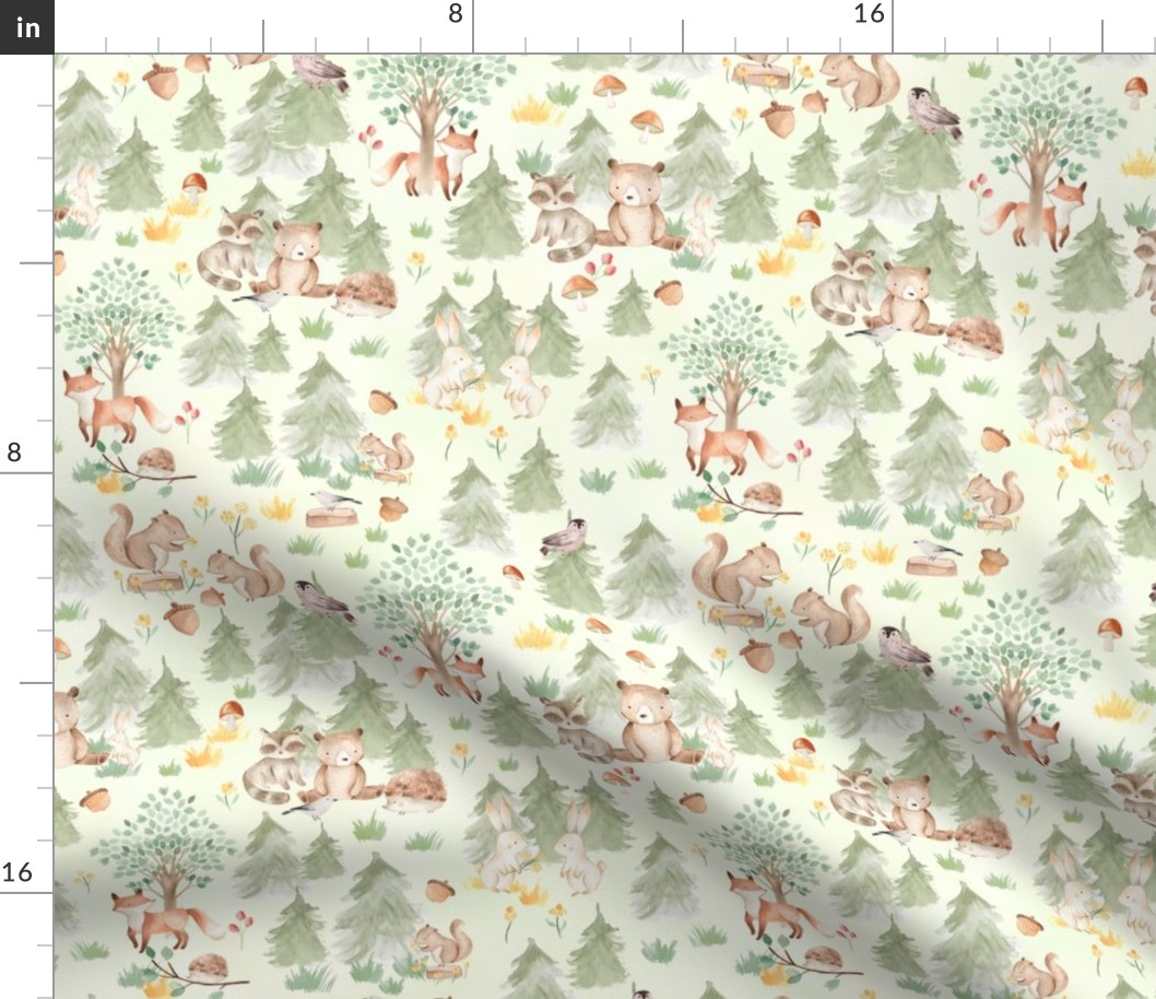 10" Woodland Animals - Baby Animal in Autumn Forest neutral light background Nursery 1 Fabric,  Baby Girl, Kids Room, Decor, Wallpaper 