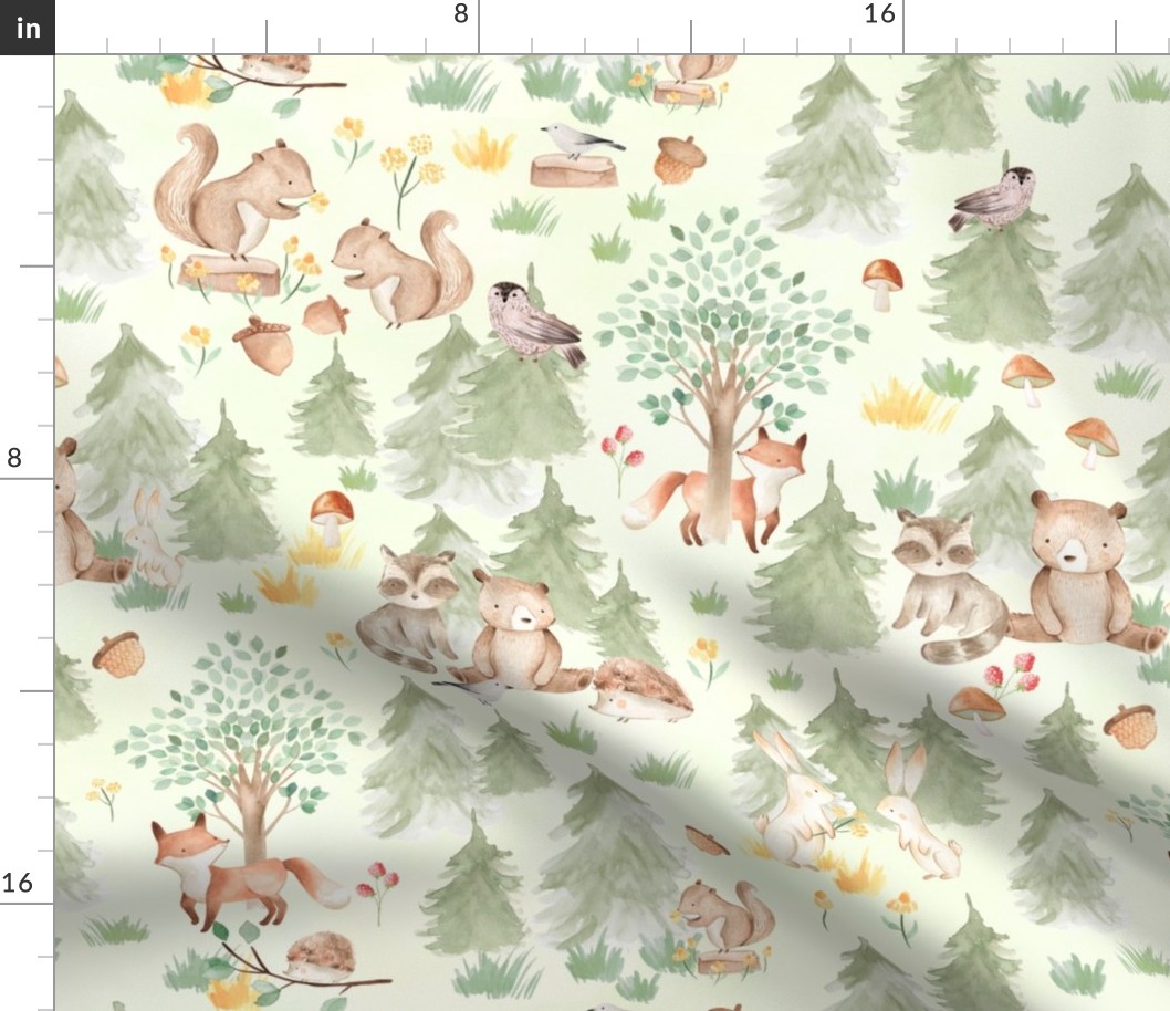 18" Woodland Animals - Baby Animal in Autumn Forest neutral light background Nursery 1 Fabric,  Baby Girl, Kids Room, Decor, Wallpaper 