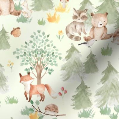 14" Woodland Animals - Baby Animal in Autumn Forest neutral light background Nursery 1 Fabric,  Baby Girl, Kids Room, Decor, Wallpaper 