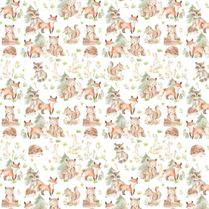 14" Woodland Animals - Baby Animals in Forest,woodland nursery fabric,animal nursery fabric,baby animals fabric white