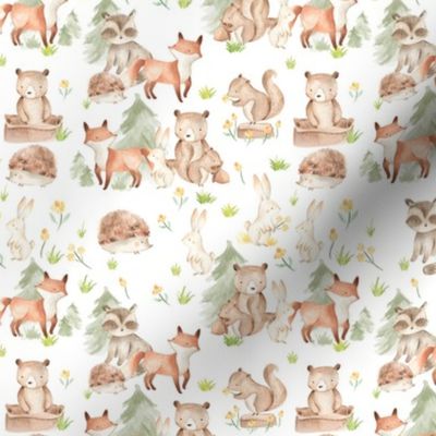 10" Woodland Animals - Baby Animals in Forest,woodland nursery fabric,animal nursery fabric,baby animals fabric white
