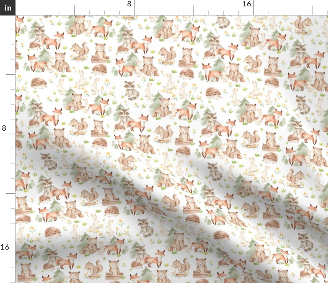 10" Woodland Animals - Baby Animals in Forest,woodland nursery fabric,animal nursery fabric,baby animals fabric white