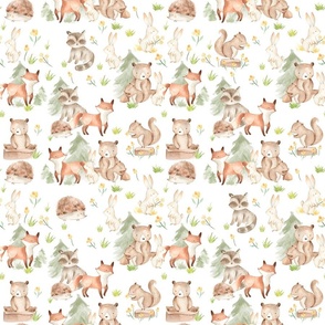 18" Woodland Animals - Baby Animals in Forest,woodland nursery fabric,animal nursery fabric,baby animals fabric white
