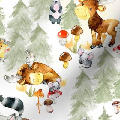 18" Woodland Watercolor Animals - Baby Animal in green Forest white background 