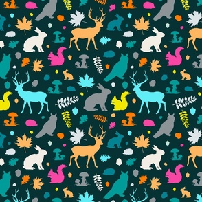 Colorful woodland animals on midnight green | medium