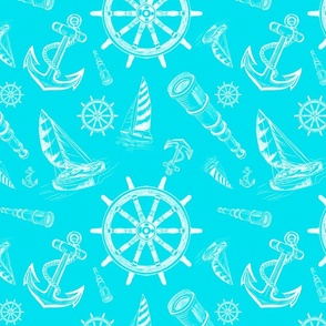 Nautical Sketches  Coastal Design on Tropical Blue Background, Small Scale Design
