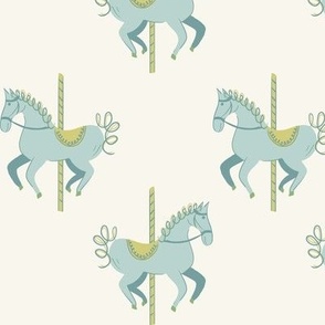 Vintage Circus Carousel Horses in Baby Blue and Ivory with Green Accents.