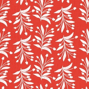 Retro white leaf and buds on a red orange textured background