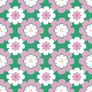 Retro bold daisy floral with a primary green background and light pink pop of florals