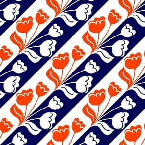 Dutch Tulip Silhouette Mini 70’s Red White And Blue Diagonal Stripe Retro Modern July 4th Independence Day Summer Beach Palm Springs Pool Floral Garden Bouquet Repeat Pattern 