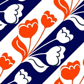 Dutch Tulip Silhouette 70’s Red White And Blue Diagonal Stripe Retro Modern July 4th Independence Day Summer Beach Palm Springs Pool Floral Garden Bouquet Repeat Pattern 