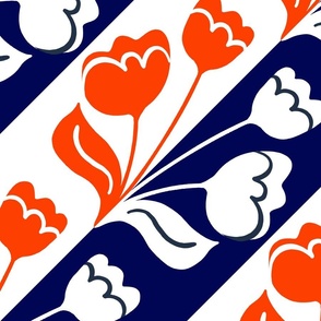 Dutch Tulip Silhouette Big 70’s Red White And Blue Diagonal Stripe Retro Modern July 4th Independence Day Summer Beach Palm Springs Pool Floral Garden Bouquet Repeat Pattern 